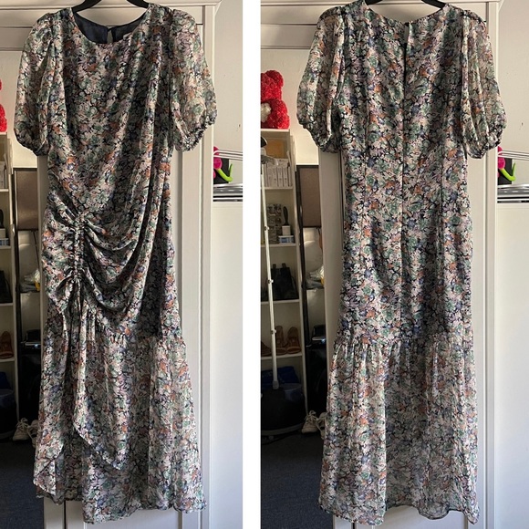 ASTR The Label Puff Sleeves Floral Ruffles Asymmetrical Hi low Midi Dress Large - Picture 3 of 14